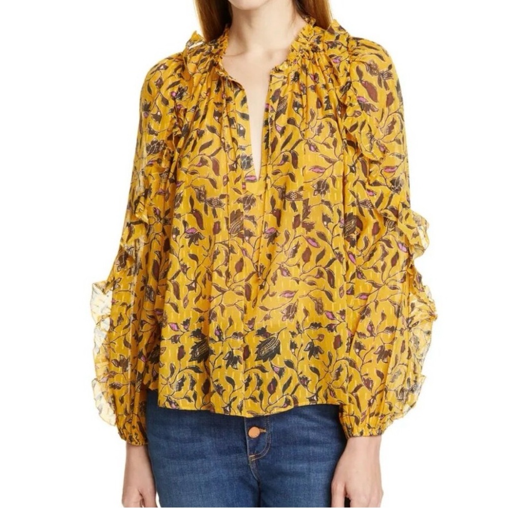 Ulla Johnson Mustard Yellow Floral Ruffled Long-Sleeve Blouse sz 6